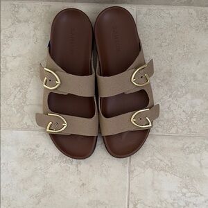Rothy's Tan Sandals with Gold Buckles